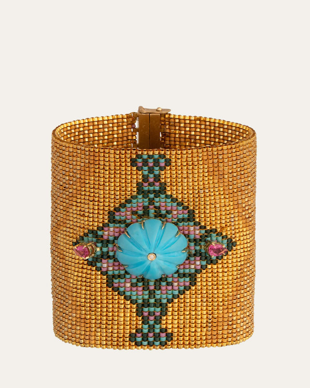 18K Yellow Gold Beaded Bracelet with Diamonds, Opal and Pink Tourmaline